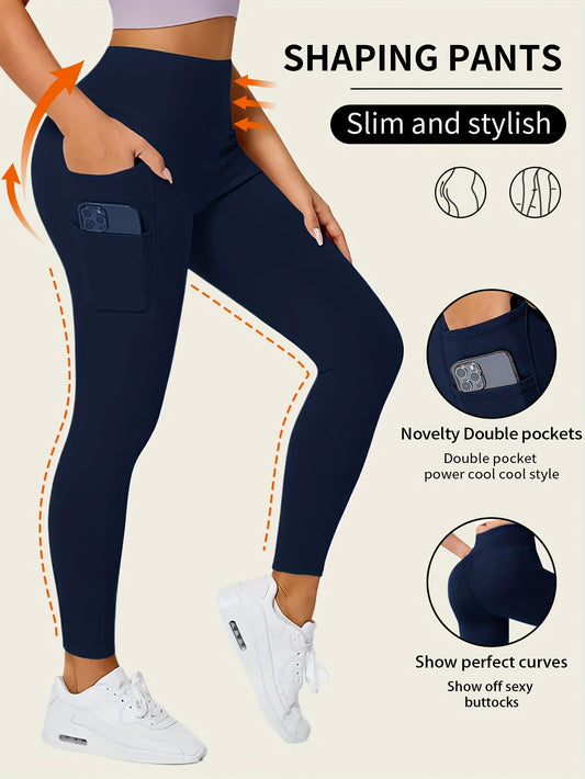 Stretchy Solid Color Yoga Pants - Comfortable High-Waisted Leggings with Pocket