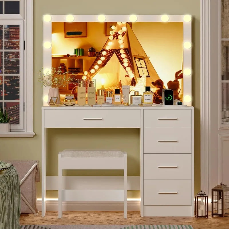 Makeup Vanity with 12 Lights, Power Outlet with 5 Drawers