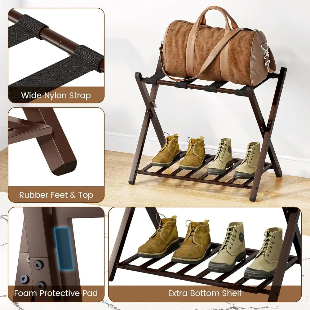 Folding Luggage Rack with Unique Magnetic Locking ＆ Steel Shelf