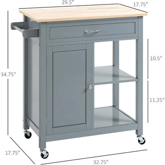 Rolling Kitchen Island with Storage Shelf, Solid Wood Top