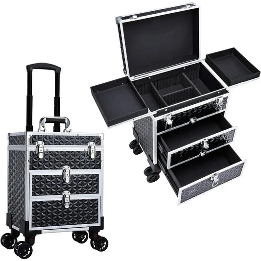 Makeup Artist Trolley Train Case with 360° Swivel Wheels