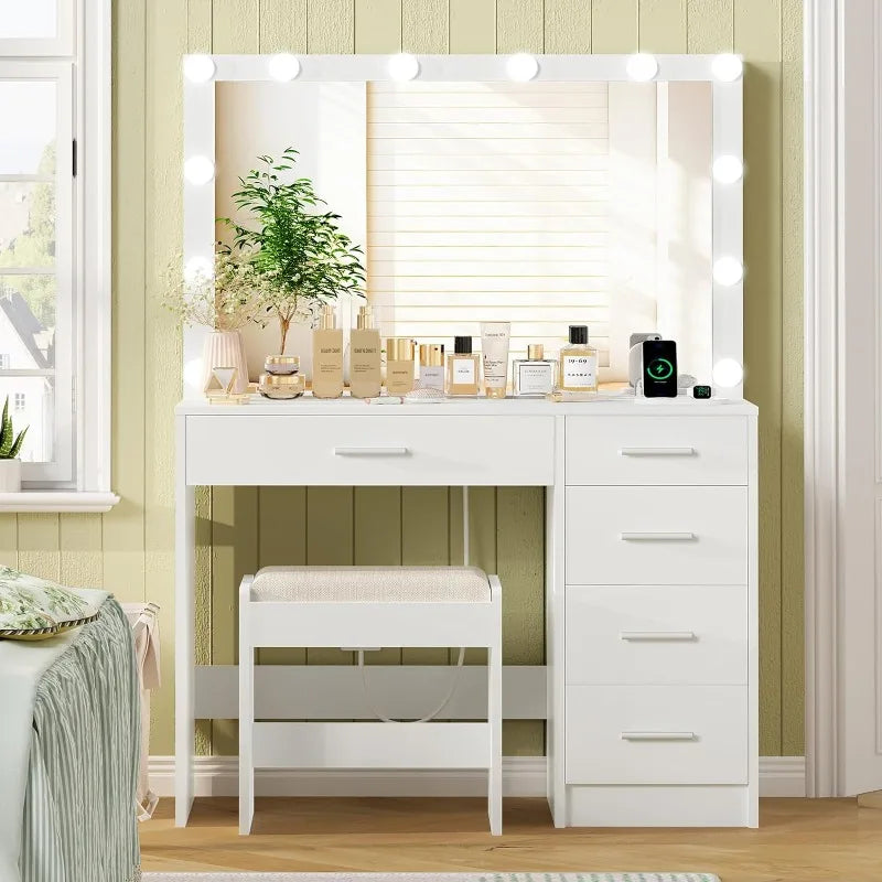 Makeup Vanity with 12 Lights, Power Outlet with 5 Drawers