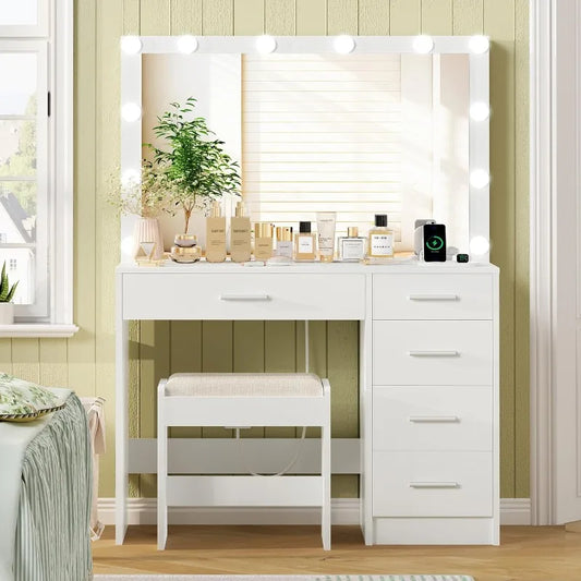 Makeup Vanity with 12 Lights, Power Outlet with 5 Drawers